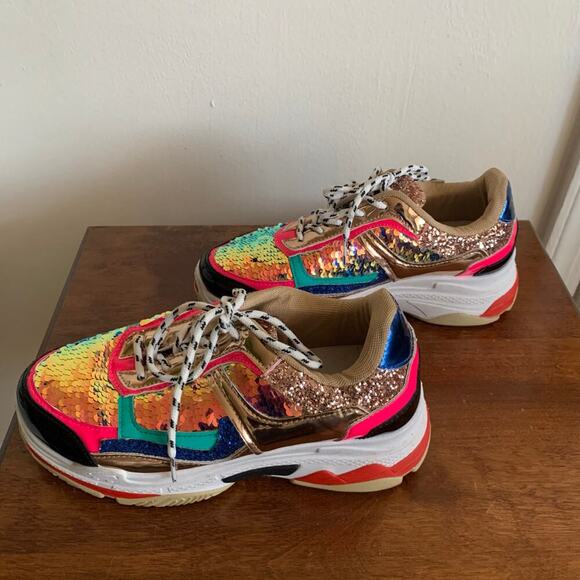 Fashion Nova Multicolor Sequined Glitter Patent Leather Sneakers Size 5 - Picture 7 of 13